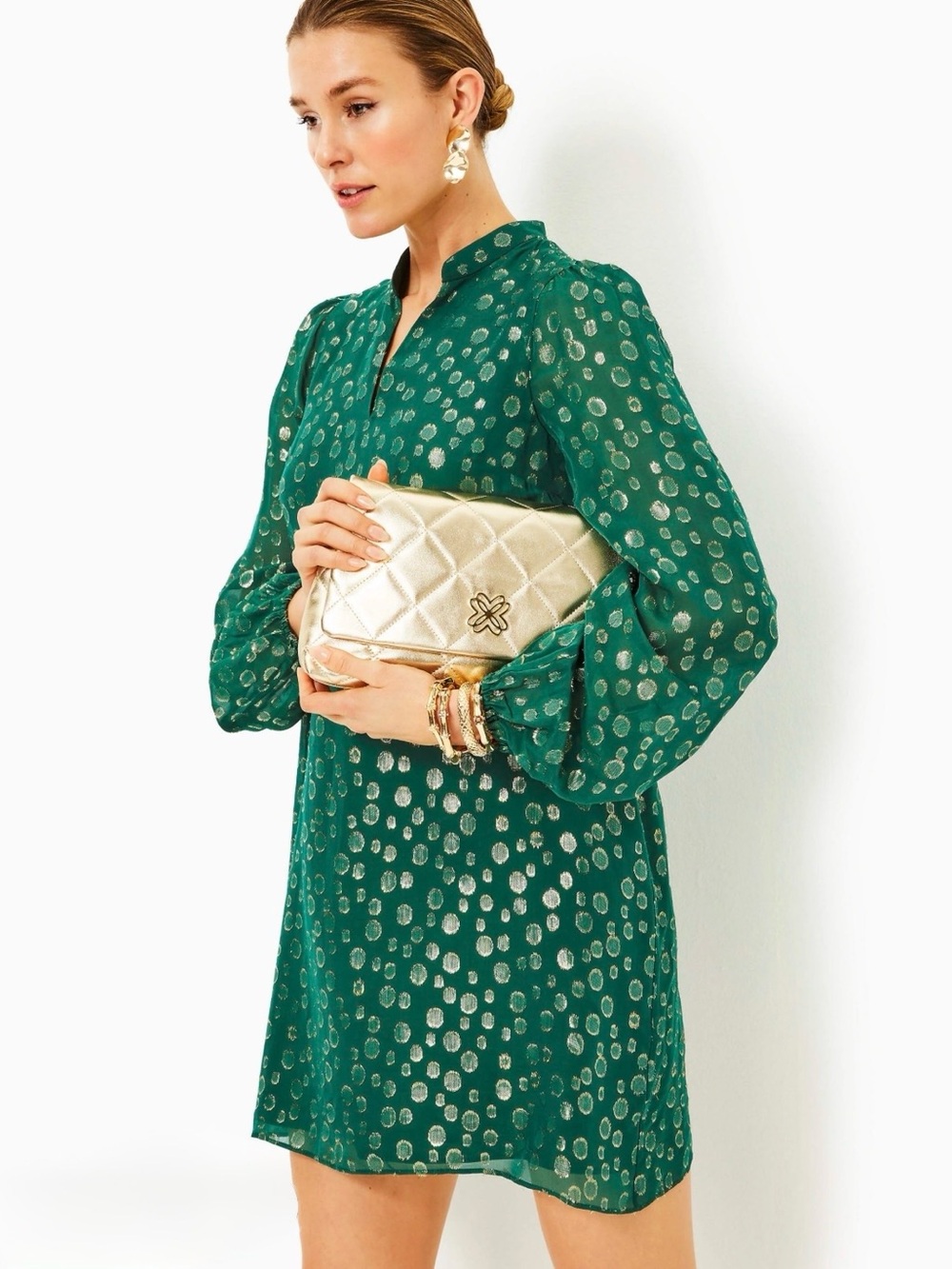 Lilly Pulitzer Green Mini Dress with Metallic Gold Dot Print
